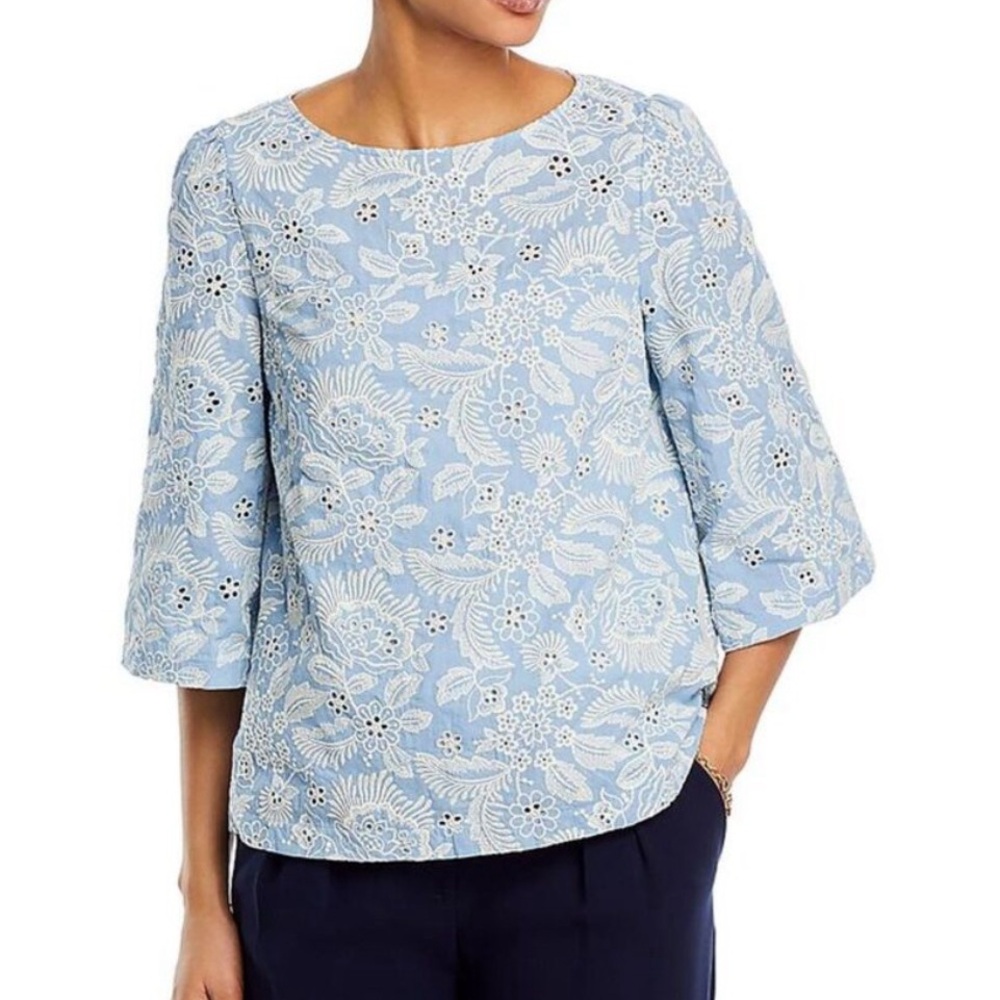 Tahari Ice Blue Cream Cotton Embroidered Eyelet 3/4 Sleeve Top Size XL